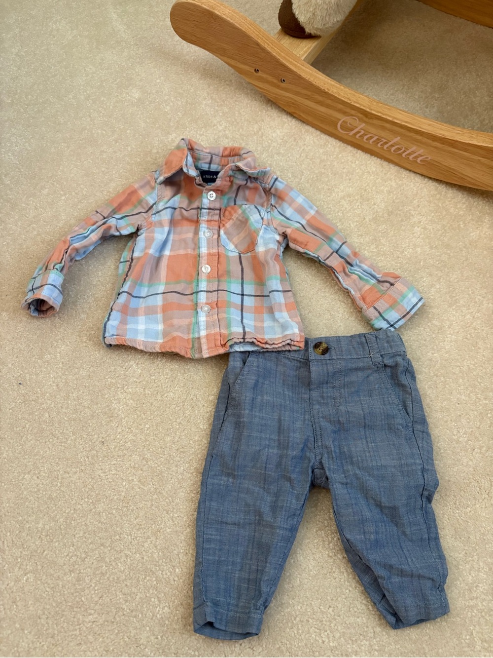 Andy & Evan Baby Boy Plaid Button-Up & Chambray Pants Set - Orange & Blue